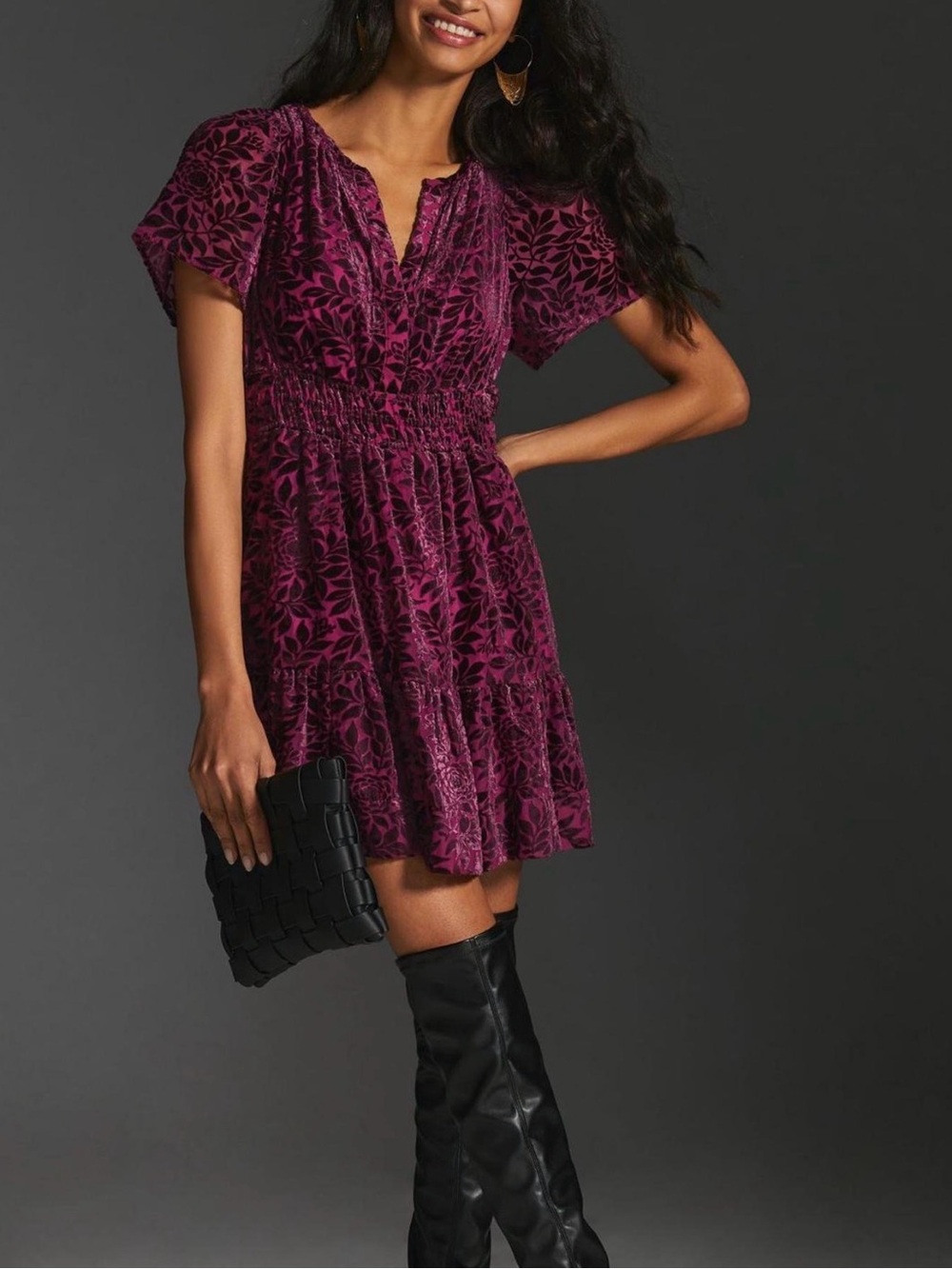 Anthropologie Somerset Velvet Mini Dress Medium Magenta Black Floral Burnout